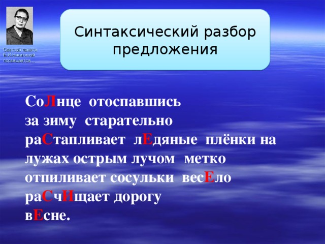 Синтаксический разбор предложения Светлой памяти Е.И.Никитиной посвящается… Со Л нце отоспавшись за зиму старательно  ра С тапливает л Е дяные плёнки на лужах острым лучом  метко отпиливает сосульки вес Е ло ра С ч И щает дорогу в Е сне. 