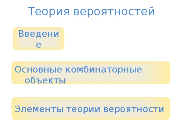 Теория вероятностей Введение Основные комбинаторные объекты Элементы теории вероятности 