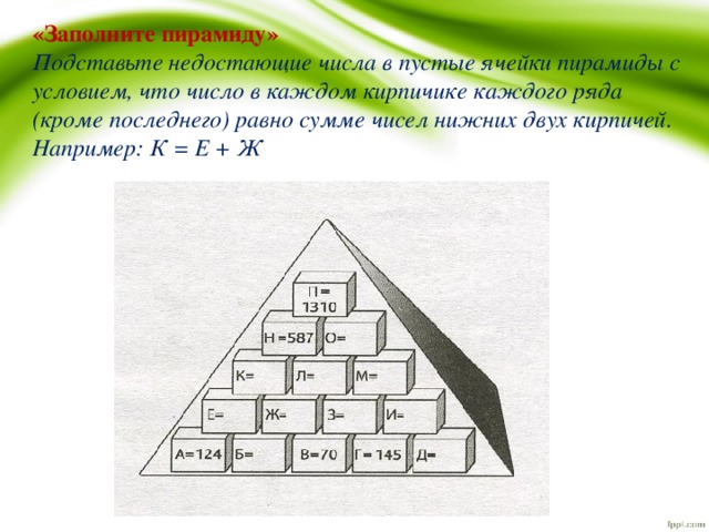 «Заполните пирамиду» Подставьте недостающие числа в пустые ячейки пирамиды с условием, что число в каждом кирпичике каждого ряда (кроме последнего) равно сумме чисел нижних двух кирпичей. Например: К = Е + Ж 