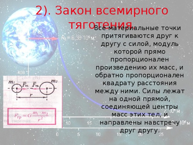 2). Закон всемирного тяготения.  Все материальные точки притягиваются друг к другу с силой, модуль которой прямо пропорционален произведению их масс, и обратно пропорционален квадрату расстояния между ними. Силы лежат на одной прямой, соединяющей центры масс этих тел, и направлены навстречу друг другу. 