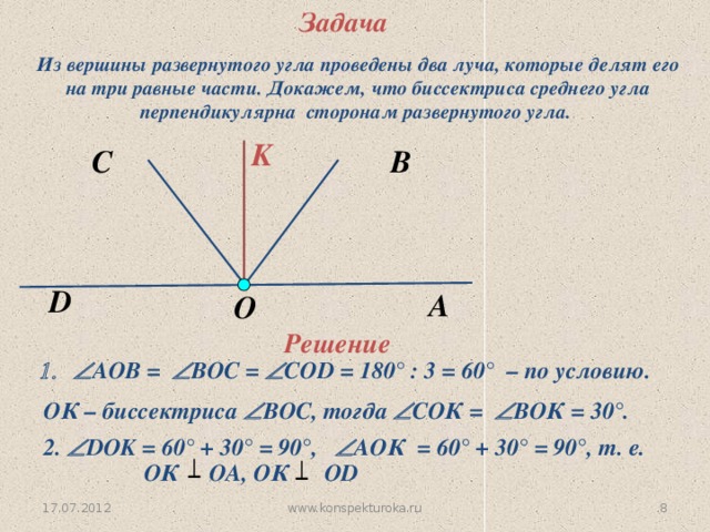 Задача Из вершины развернутого угла проведены два луча, которые делят его на три равные части. Докажем, что биссектриса среднего угла перпендикулярна сторонам развернутого угла. K B C D A O Решение  АОВ =  ВОС =  COD = 180 ° : 3 = 60 ° – по условию.  ОК – биссектриса  ВОС, тогда  СОК =  ВОК = 30 °. 2.  DOK = 60 ° + 30 ° = 90°,   АОК = 60 ° + 30° = 90°, т. е. ОК ОА, ОК OD www.konspekturoka.ru 7 17.07.2012 