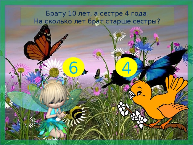  Брату 10 лет, а сестре 4 года. На сколько лет брат старше сестры? 6 4  