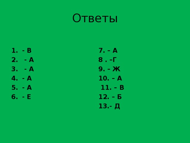 Ответы - В  - А  - А - А - А - Е 7. – А 8 . –Г 9. – Ж 10. – А  11. – В 12. – Б 13.- Д 