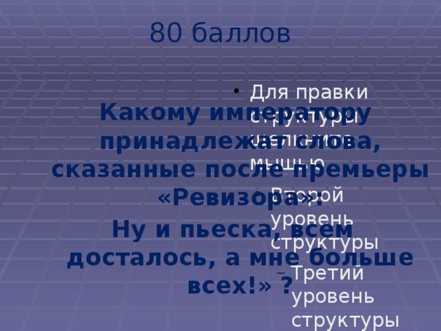 80  баллов  Какому императору принадлежат слова, сказанные после премьеры «Ревизора»: Ну и пьеска, всем досталось, а мне больше всех!» ? 