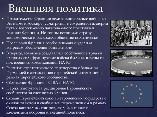 Франция политика кратко. Внешняя политика современной Франции. Внутренняя политика современной Франции. Внутренняя и внешняя политика Франции. Внешняя политика Франции кратко.