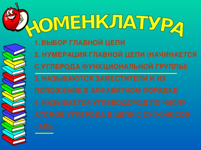 1.  ВЫБОР ГЛАВНОЙ ЦЕПИ 2. НУМЕРАЦИЯ ГЛАВНОЙ ЦЕПИ (НАЧИНАЕТСЯ С УГЛЕРОДА ФУНКЦИОНАЛЬНОЙ ГРУППЫ) 3. НАЗЫВАЮТСЯ ЗАМЕСТИТЕЛИ И ИХ ПОЛОЖЕНИЕ В АЛФАВИТНОМ ПОРЯДКЕ 4. НАЗЫВАЕТСЯ УГЛЕВОДОРОД ПО ЧИСЛУ АТОМОВ УГЛЕРОДА В ЦЕПИ С СУФФИКСОМ - АЛЬ  
