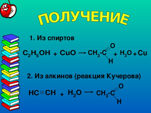 1. Из спиртов + + + 2. Из алкинов (реакция Кучерова) + 
