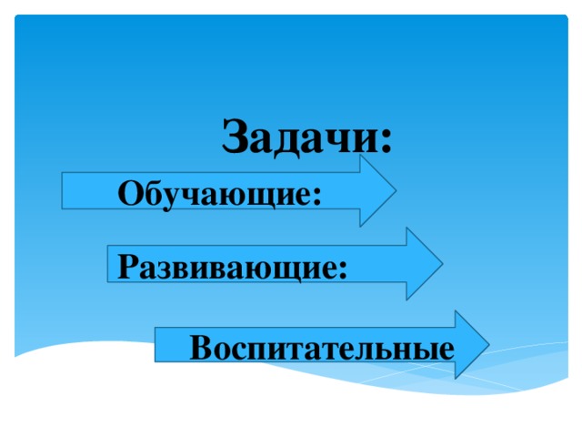      Задачи: Обучающие:       Развивающие: Воспитательные   