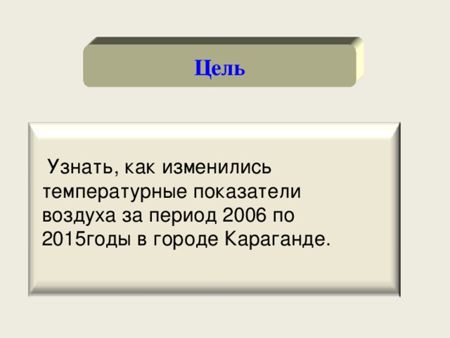 Цель  Узнать, как изменились температурные показатели воздуха за период 2006 по 2015годы в городе Караганде. 