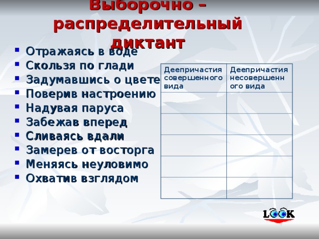 Выборочно – распределительный диктант Отражаясь в воде Скользя по глади Задумавшись о цвете Поверив настроению Надувая паруса Забежав вперед Сливаясь вдали Замерев от восторга Меняясь неуловимо Охватив взглядом  Деепричастия совершенного вида Деепричастия несовершенного вида 
