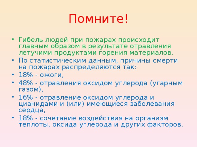 Помните! Гибель людей при пожарах происходит главным образом в результате отравления летучими продуктами горения материалов. По статистическим данным, причины смерти на пожарах распределяются так: 18% - ожоги, 48% - отравления оксидом углерода (угарным га­зом), 16% - отравление оксидом углерода и цианидами и (или) имеющиеся заболевания сердца, 18% - сочетание воздействия на организм теплоты, оксида углерода и других факторов. 