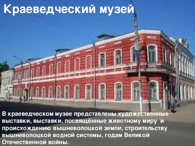  Краеведческий музей В краеведческом музее представлены художественные выставки, выставки, посвящённые животному миру и происхождению вышневолоцкой земли, строительству вышневолоцкой водной системы, годам Великой Отечественной войны.  