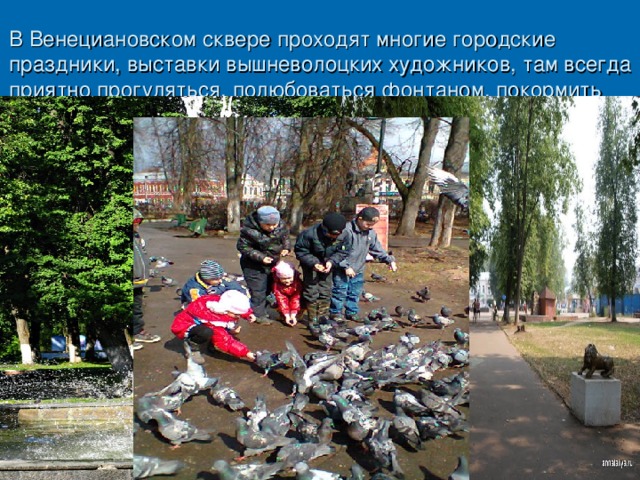  В Венециановском сквере проходят многие городские праздники, выставки вышневолоцких художников, там всегда приятно прогуляться, полюбоваться фонтаном, покормить голубей.    