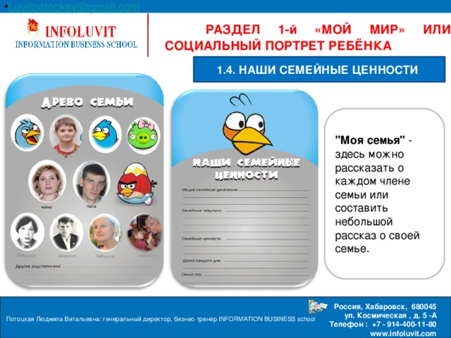 Luvitpotockay @ gmail . com Россия, Хабаровск, 680045  ул. Космическая , д. 5 -А  Телефон : +7 - 914-400-11-80 www.infoluvit.com  РАЗДЕЛ 1-й «МОЙ МИР» ИЛИ СОЦИАЛЬНЫЙ ПОРТРЕТ РЕБЁНКА  1.4. НАШИ СЕМЕЙНЫЕ ЦЕННОСТИ  