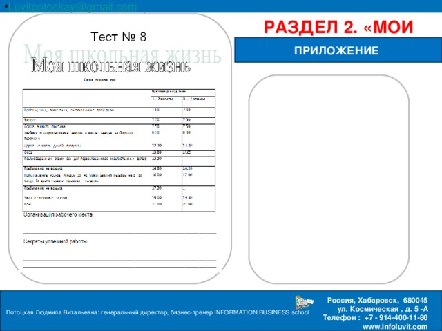 Luvitpotockay @ gmail . com Россия, Хабаровск, 680045 ул. Космическая , д. 5 -А  Телефон : +7 - 914-400-11-80 www.infoluvit.com РАЗДЕЛ 2. «МОИ ЦЕЛИ» ПРИЛОЖЕНИЕ Потоцкая Людмила Витальевна: генеральный директор, бизнес-тренер INFORMATION BUSINESS school  