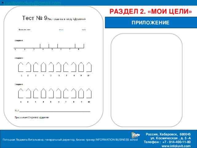 Luvitpotockay @ gmail . com Россия, Хабаровск, 680045 ул. Космическая , д. 5 -А  Телефон : +7 - 914-400-11-80 www.infoluvit.com РАЗДЕЛ 2. «МОИ ЦЕЛИ» ПРИЛОЖЕНИЕ Потоцкая Людмила Витальевна: генеральный директор, бизнес-тренер INFORMATION BUSINESS school  