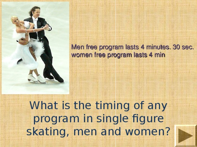 Men free program lasts 4 minutes. 30 sec. women free program lasts 4 min What is the timing of any program in single figure skating, men and women? 