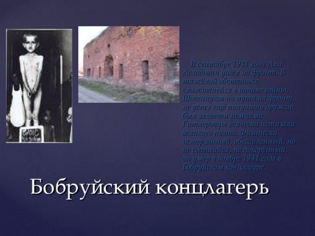  В сентябре 1941 года Али Асхадович ушёл на фронт. В тяжёлой обстановке, сложившейся в начале войны, , Шогенцуков по пути на фронт, не успев ещё получить оружие, был захвачен немцами. Гитлеровцы всячески истязали великого поэта. Физически истерзанный, обессиленный, но не сдавшийся, не покорённый, он умер в ноябре 1941 года в Бобруйском концлагере. Бобруйский концлагерь 