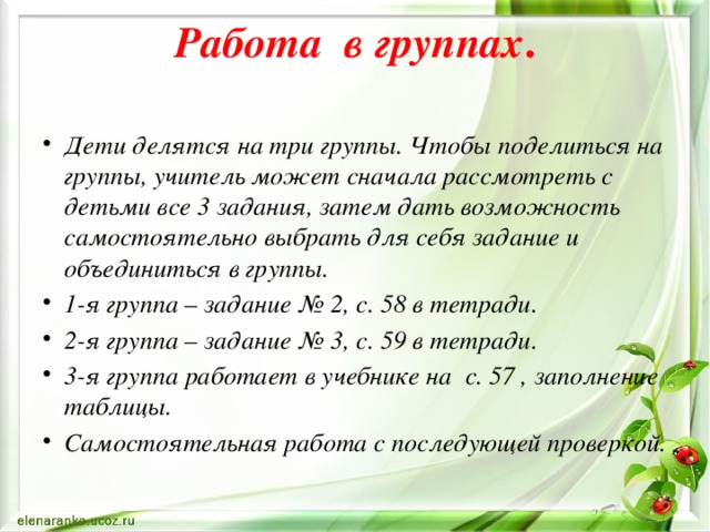 Работа в группах .   Дети делятся на три группы. Чтобы поделиться на группы, учитель может сначала рассмотреть с детьми все 3 задания, затем дать возможность самостоятельно выбрать для себя задание и объединиться в группы. 1-я группа – задание № 2, с. 58 в тетради. 2-я группа – задание № 3, с. 59 в тетради. 3-я группа работает в учебнике на с. 57 , заполнение таблицы. Самостоятельная работа с последующей проверкой. 