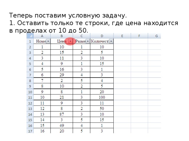 Теперь поставим условную задачу. 1. Оставить только те строки, где цена находится в проделах от 10 до 50. 