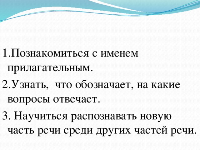 1.Познакомиться с именем прилагательным. 2.Узнать, что обозначает, на какие вопросы отвечает. 3. Научиться распознавать новую часть речи среди других частей речи. 