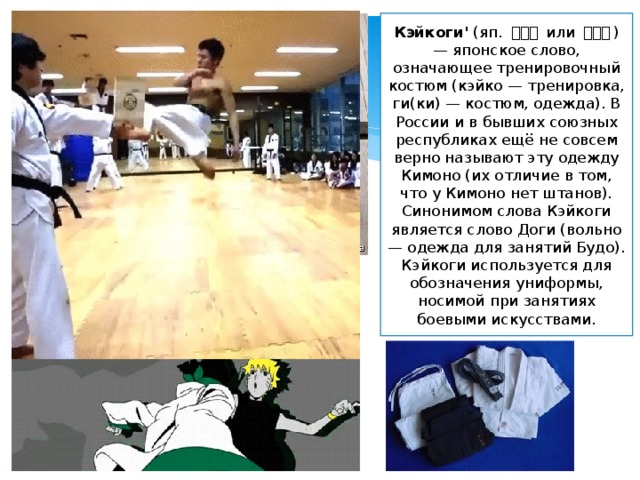 Кэйкоги' (яп. 稽古着 или 稽古衣 ) — японское слово, означающее тренировочный костюм (кэйко — тренировка, ги(ки) — костюм, одежда). В России и в бывших союзных республиках ещё не совсем верно называют эту одежду Кимоно (их отличие в том, что у Кимоно нет штанов). Синонимом слова Кэйкоги является слово Доги (вольно — одежда для занятий Будо). Кэйкоги используется для обозначения униформы, носимой при занятиях боевыми искусствами. 