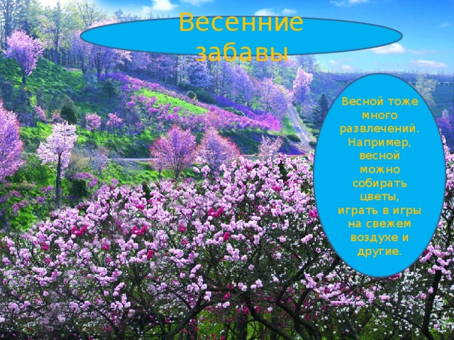 Весенние забавы Весной тоже много развлечений. Например, весной можно собирать цветы, играть в игры на свежем воздухе и другие. 