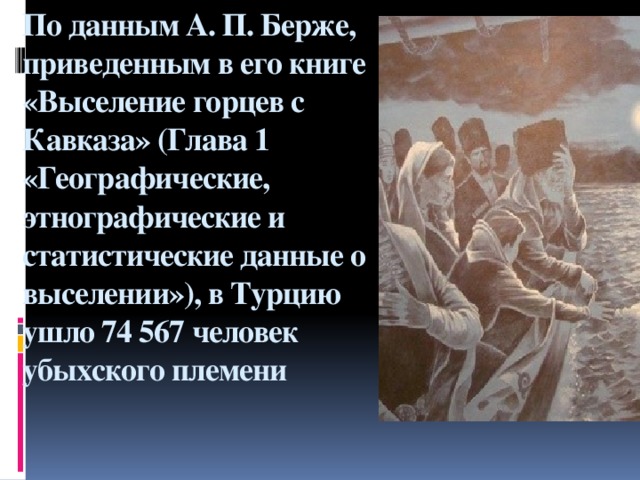 По данным А. П. Берже, приведенным в его книге «Выселение горцев с Кавказа» (Глава 1 «Географические, этнографические и статистические данные о выселении»), в Турцию ушло 74 567 человек убыхского племени   