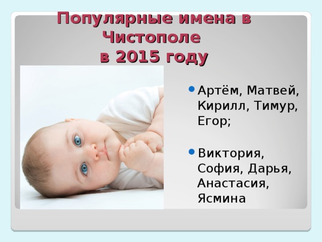     Популярные имена в Чистополе  в 2015 году Артём, Матвей, Кирилл, Тимур, Егор; Виктория, София, Дарья, Анастасия, Ясмина 