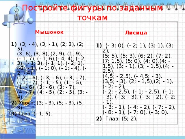 Постройте фигуры по заданным точкам   Мышонок  Лисица   1) (3; - 4), (3; - 1), (2; 3), (2; 5),  (3; 6), (3; 8), (2; 9), (1; 9),  (- 1; 7), (- 1; 6),(- 4; 4), (- 2; 3), (- 1; 3), (- 1; 1), (- 2; 1), (-2; - 1), (- 1; 0), (- 1; - 4), (- 2; - 4),  (- 2; - 6), (- 3; - 6), (- 3; - 7),  (- 1; - 7), (- 1; - 5), (1; - 5),  (1; - 6), (3; - 6), (3; - 7),  (4; - 7), (4; - 5), (2; - 5), (3; - 4). 2) Хвост: (3; - 3), (5; - 3), (5; 3). 3) Глаз: (- 1; 5).      1) (- 3; 0), (- 2; 1), (3; 1), (3; 2),  (5; 5), (5; 3), (6; 2), (7; 2),  (7; 1,5), (5; 0), (4; 0),(4; - 1,5), (3; - 1), (3; - 1,5),(4; - 2,5),  (4,5; - 2,5), (- 4,5; - 3), (3,5; - 3), (2; - 1,5),(2; - 1), (- 2; - 2),  (- 2; - 2,5), (- 1; - 2,5), (- 1; - 3), (- 3; - 3), (- 3; - 2), (- 2; - 1),  (- 3; - 1), (- 4; - 2), (- 7; - 2),  (- 8; - 1), (- 7; 0), (- 3; 0). 2) Глаз: (5; 2). 
