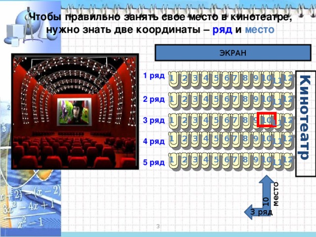 Кинотеатр 10 место Чтобы правильно занять свое место в кинотеатре, нужно знать две координаты – ряд и место ЭКРАН 1 ряд 7 1 4 3 2 12 10 9 8 5 6 11 6 2 ряд 12 5 4 3 2 1 7 8 9 10 11 10 9 12 7 1 2 3 4 6 5 3 ряд 8 11 8 12 1 5 4 3 2 7 9 10 6 4 ряд 11 7 12 10 9 8 4 1 2 3 5 6 5 ряд 11 3 ряд  