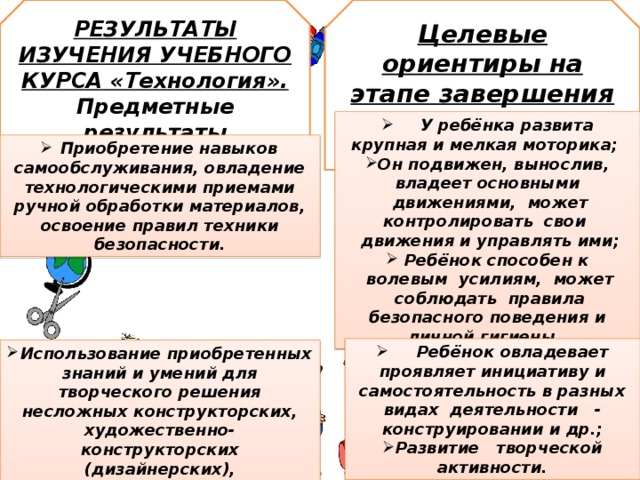 РЕЗУЛЬТАТЫ ИЗУЧЕНИЯ УЧЕБНОГО КУРСА «Технология». Предметные результаты Целевые ориентиры на этапе завершения дошкольного образования       У ребёнка развита крупная и мелкая моторика; Он подвижен, вынослив, владеет основными  движениями,  может  контролировать  свои    движения и управлять ими;   Ребёнок способен к  волевым  усилиям,  может  соблюдать  правила безопасного поведения и личной гигиены .  Приобретение навыков самообслуживания, овладение технологическими приемами ручной обработки материалов, освоение правил техники безопасности.       Ребёнок овладевает проявляет инициативу и самостоятельность в разных видах  деятельности   - конструировании и др.; Развитие  творческой активности. Использование приобретенных знаний и умений для творческого решения несложных конструкторских, художественно-конструкторских (дизайнерских), технологических и организационных задач. 