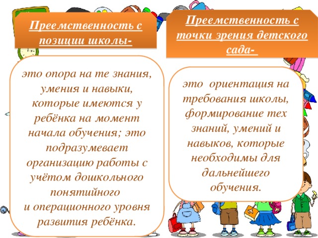 Преемственность с точки зрения детского сада- Преемственность с позиции школы- это опора на те знания, умения и навыки, которые имеются у ребёнка на момент начала обучения; это подразумевает организацию работы с учётом дошкольного понятийного  и операционного уровня развития ребёнка. это ориентация на требования школы, формирование тех знаний, умений и навыков, которые необходимы для дальнейшего обучения. 