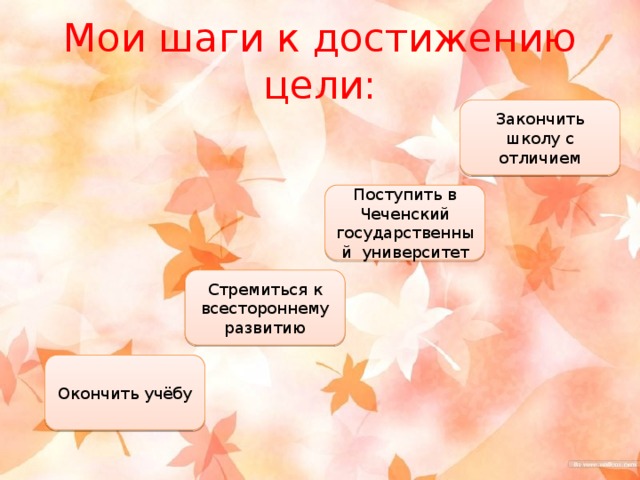 Мои шаги к достижению цели: Закончить школу с отличием Поступить в Чеченский государственный университет Стремиться к всестороннему развитию Окончить учёбу 