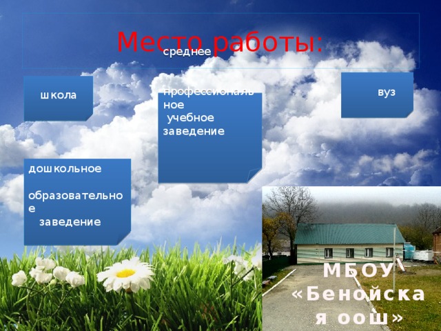 Место работы:  вуз школа среднее  профессиональное  учебное заведение дошкольное  образовательное  заведение МБОУ «Бенойская оош» 