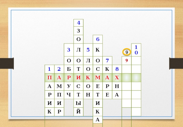 4 З О 1 3 О П 2 Л Б О А А 5 6 М Р Т Р К Л И У П И О О К Ч И С 7 С К Т Р М К О Ы 8 Е А Н 10 9 Й Р Т Х Н И Е А К А 9 