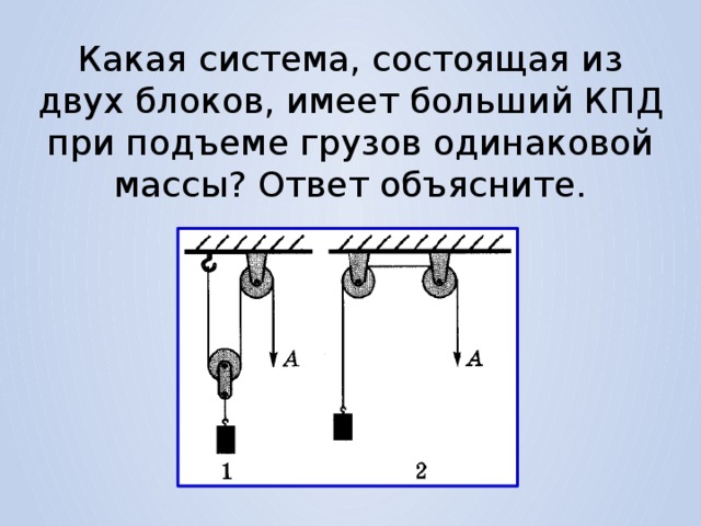 Подумай в какой из систем неподвижных блоков изображенных на рисунках надо приложить большую силу