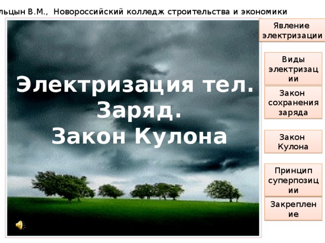 Стрельцын В.М., Новороссийский колледж строительства и экономики Явление электризации Виды электризации Электризация тел.  Заряд.  Закон Кулона Закон сохранения заряда Закон Кулона Принцип суперпозиции Закрепление 