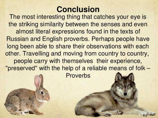 Conclusion The most interesting thing that catches your eye is the striking similarity between the senses and even almost literal expressions found in the texts of Russian and English proverbs. Perhaps people have long been able to share their observations with each other. Travelling and moving from country to country, people carry with themselves their experience, 