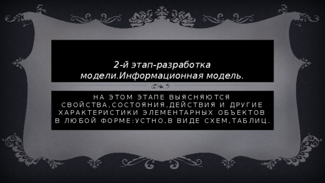 2-й этап-разработка модели.Информационная модель. На этом этапе выясняются свойства,состояния,действия и другие характеристики элементарных объектов в любой форме:устно,в виде схем,таблиц. 