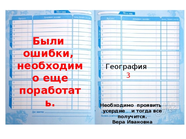 Были ошибки, необходимо еще поработать.   География 3 Необходимо проявить усердие и тогда все получится. Вера Ивановна 