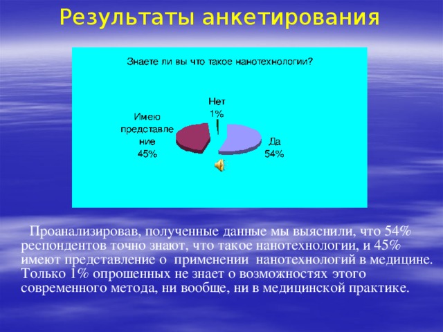 Результаты анкетирования  Проанализировав, полученные данные мы выяснили, что 54% респондентов точно знают, что такое нанотехнологии, и 45% имеют представление о применении нанотехнологий в медицине. Только 1% опрошенных не знает о возможностях этого современного метода, ни вообще, ни в медицинской практике. 