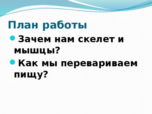 План работы Зачем нам скелет и мышцы? Как мы перевариваем пищу? 