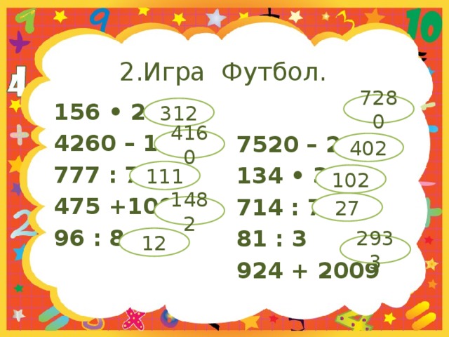 2.Игра Футбол. 7280 156 • 2 7520 – 240 4260 – 100 134 • 3 777 : 7 714 : 7 475 +1007 81 : 3 924 + 2009 96 : 8 312 4160 402 111 102 27 1482 12 2933 
