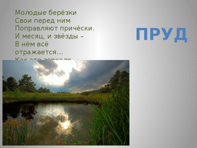 Молодые берёзки  Свои перед ним Поправляют причёски. И месяц, и звёзды – В нём всё отражается… Как это зеркало называется? ПРУД 