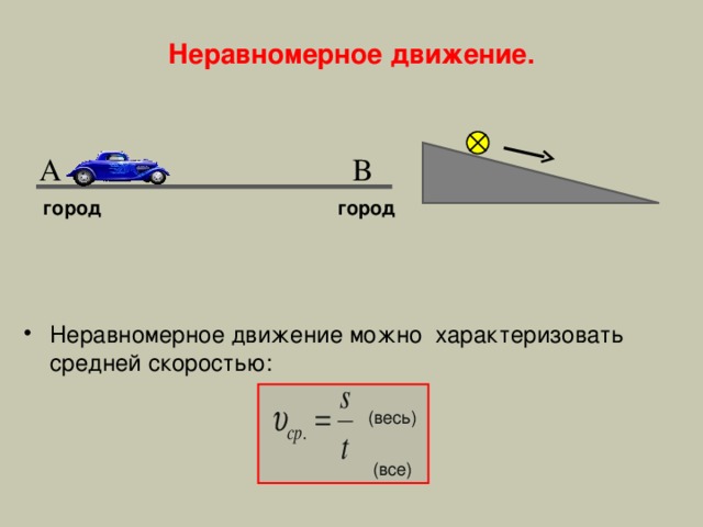 Неравномерное движение.  А В  город  город Неравномерное движение можно характеризовать средней скоростью:  (весь)  (все) 