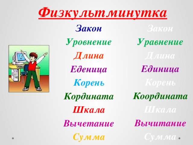 Физкультминутка Закон Закон Уравнение Уровнение Длина Длина Единица Еденица Корень Координата Корень Шкала Кордината Вычитание Шкала Вычетание Сумма  Сумма  