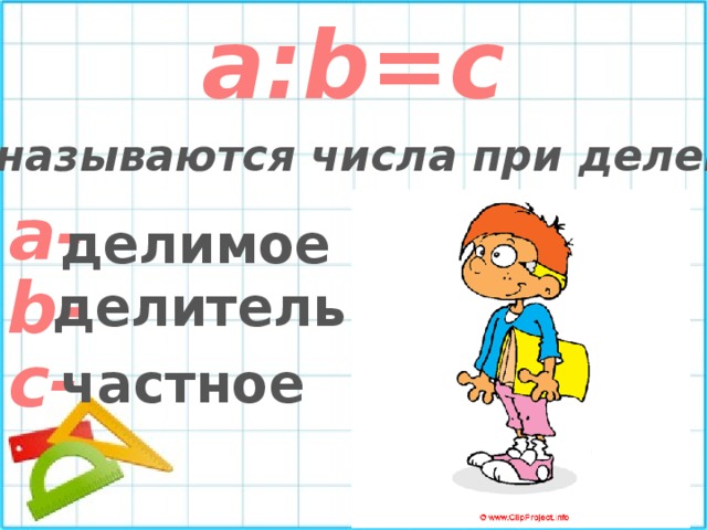 a:b=c Как называются числа при делении? a- делимое b- делитель c- частное 