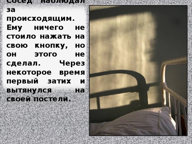 Сосед наблюдал за происходящим. Ему ничего не стоило нажать на свою кнопку, но он этого не сделал. Через некоторое время первый затих и вытянулся на своей постели. Изображение с сайта http://www.kazanfoto.ru/  