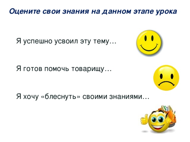 Оцените свои знания на данном этапе урока Я успешно усвоил эту тему… Я готов помочь товарищу… Я хочу «блеснуть» своими знаниями…